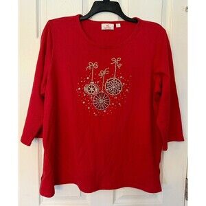 NWOT Quacker Factory red gemstone holiday ornament rhinestone women top shirt XL